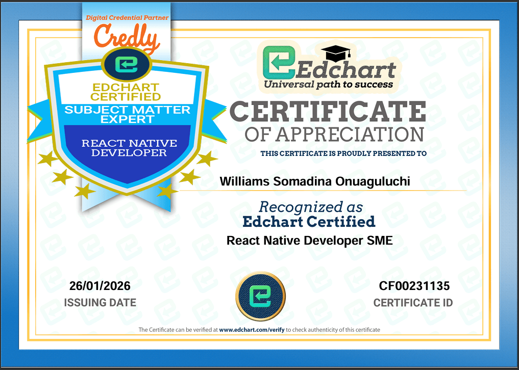 Edchart Certified React Native Developer Subject Matter Expert