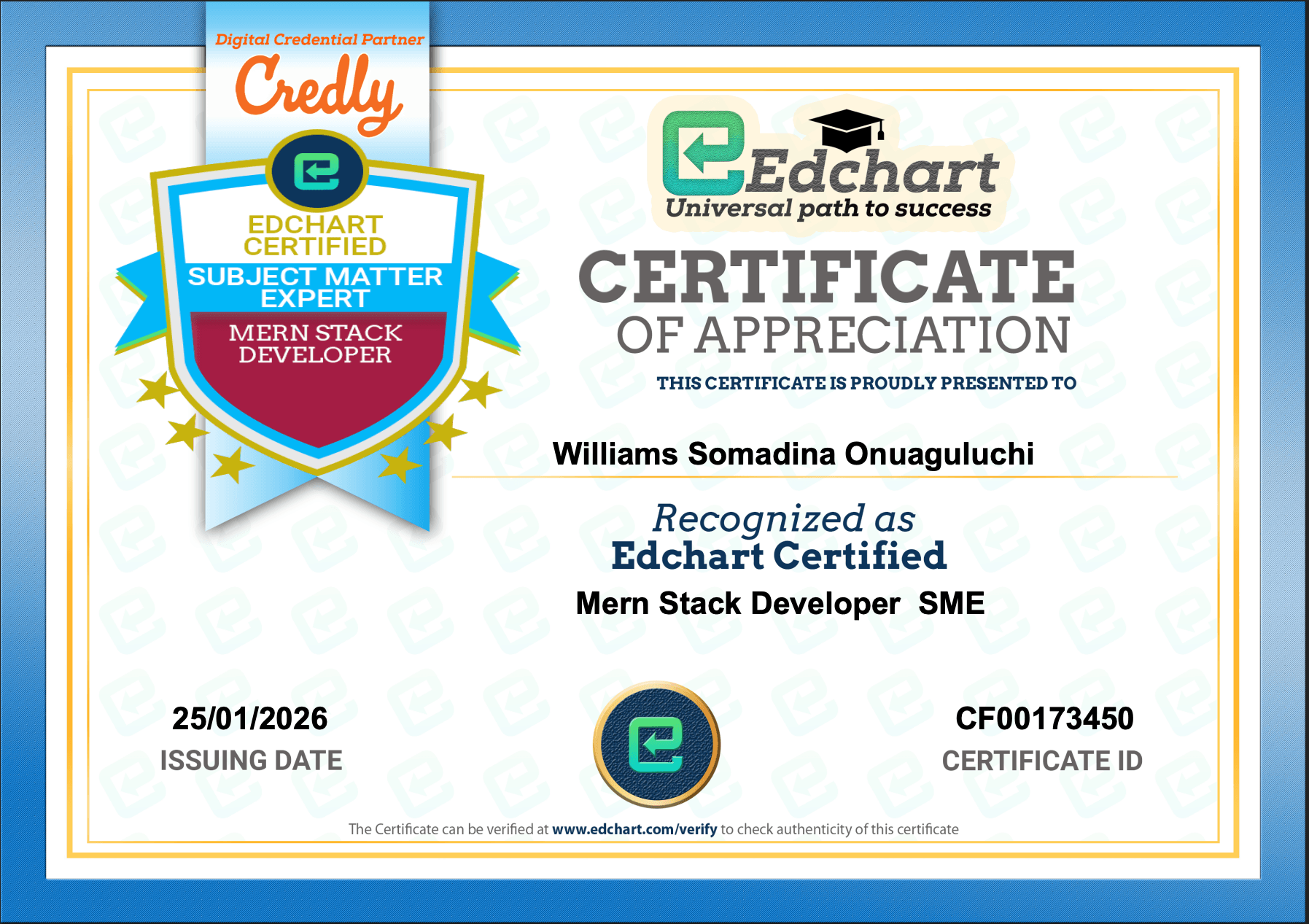 Certified Mern Stack Developer Subject Matter Expert certificate