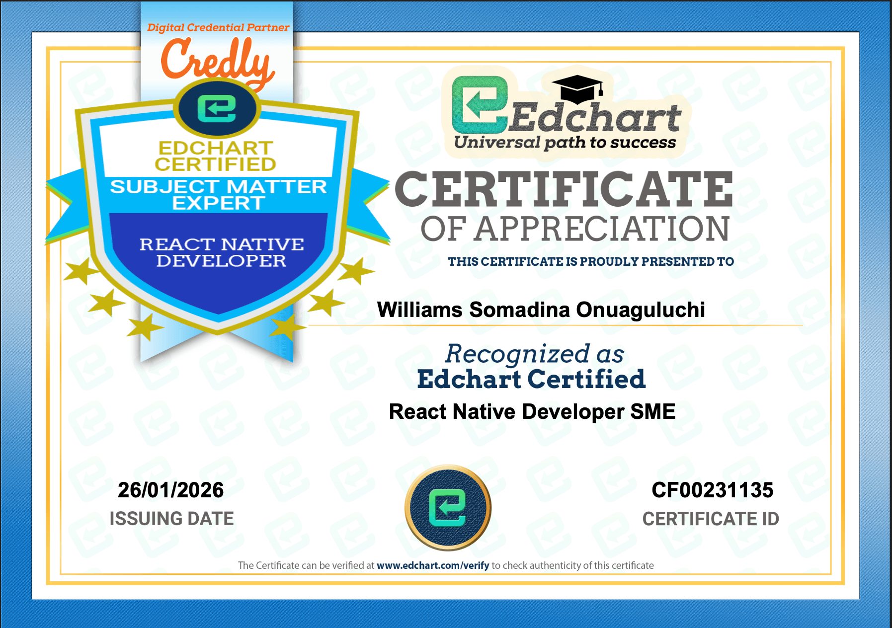 Edchart Certified React Native Developer Subject Matter Expert certificate